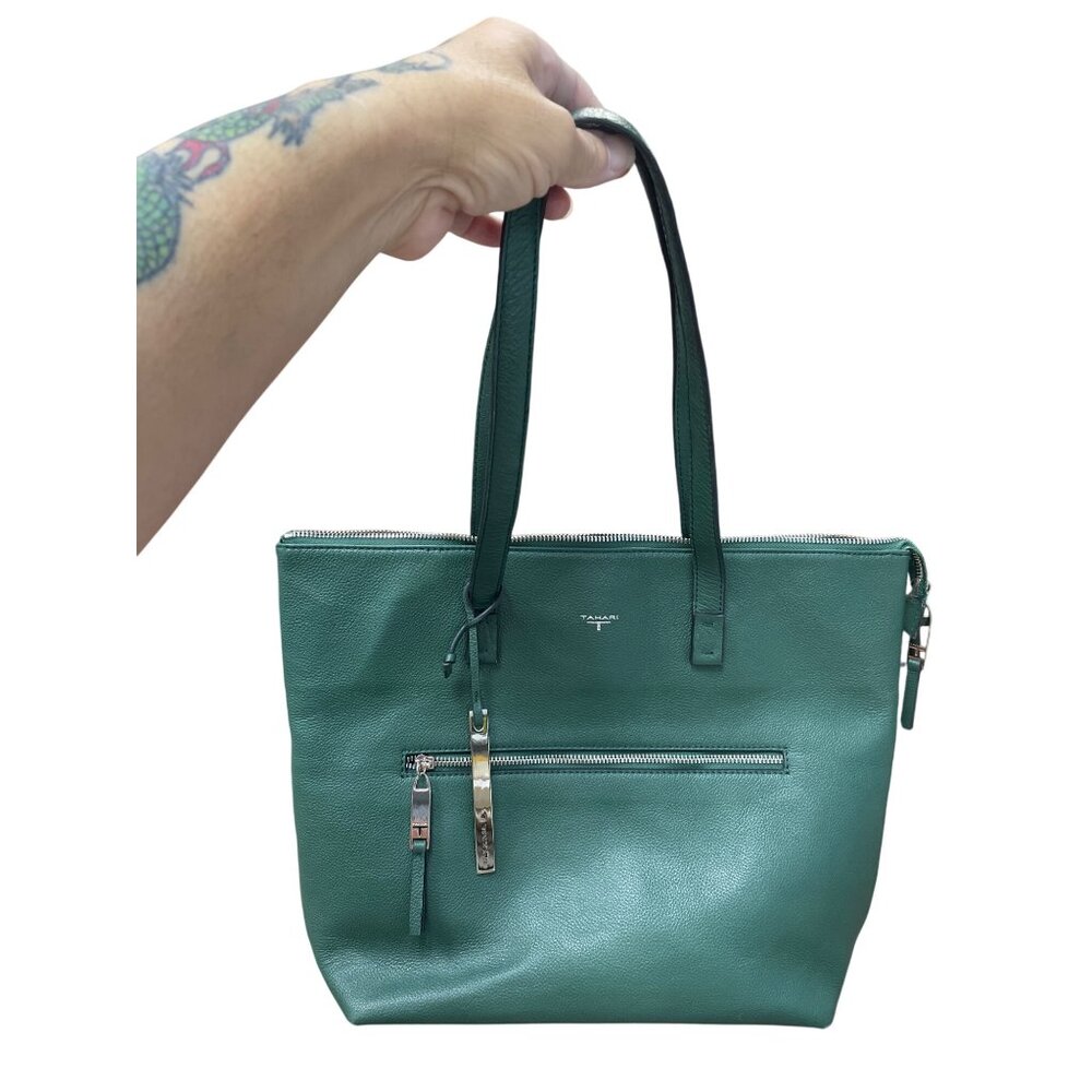 Tahari Womans Green Pebbled Leather Tote HandBag Silver Charm SKU 9355